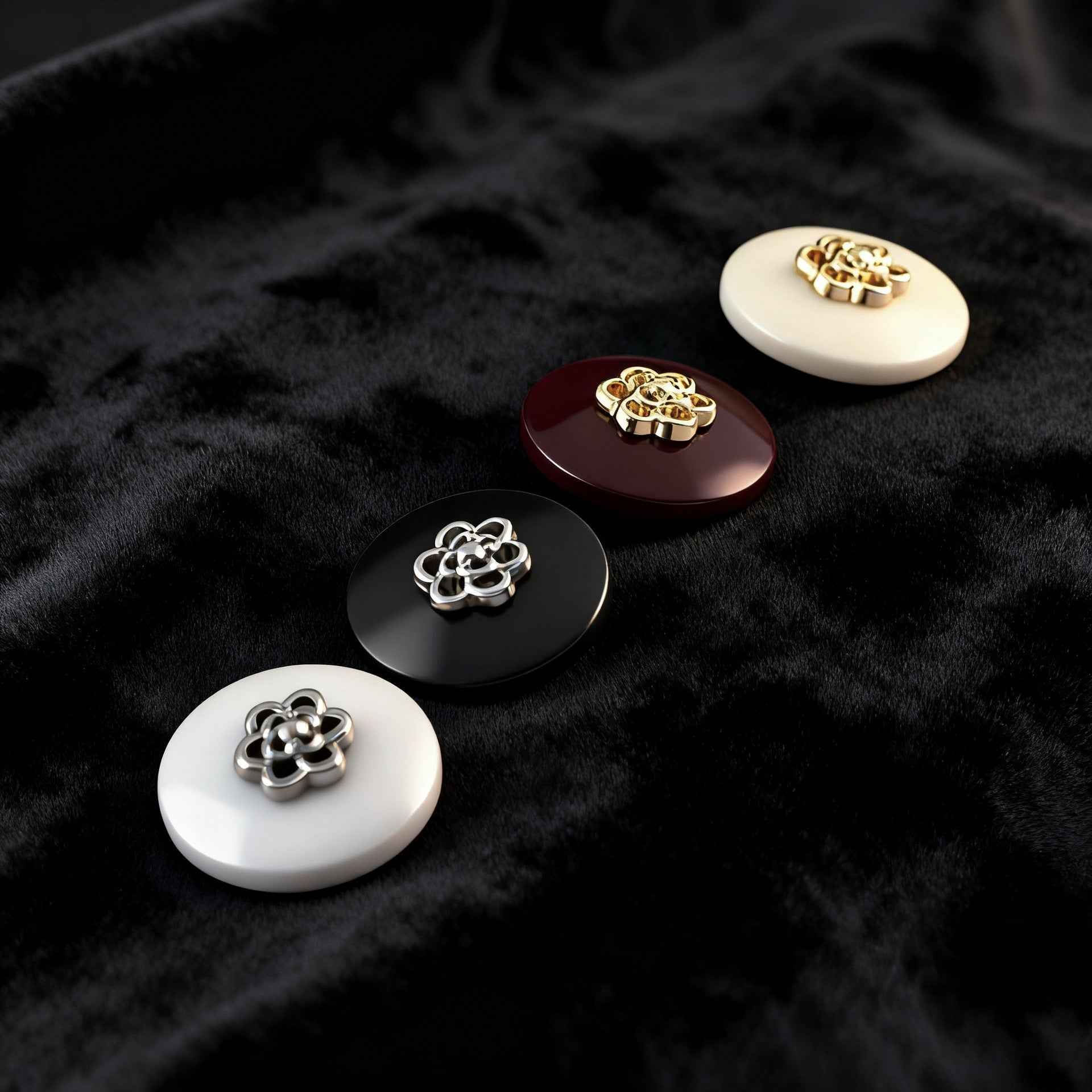 Round resin buttons with metal shank: dark wine, black, pearl white, beige with metal center