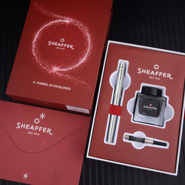 Sheaffer 100 Fountain Pen Gift Set – Fine Nib (~0.5mm), White Clip, Converter & Ink Included | All-Steel / Black Lacquer / Blue Lacquer All Steel