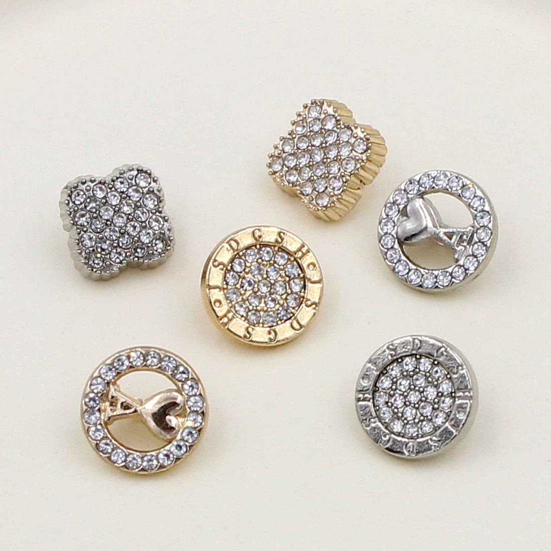11mm rhinestone shirt buttons set, gold and silver round/square styles, assorted backs
