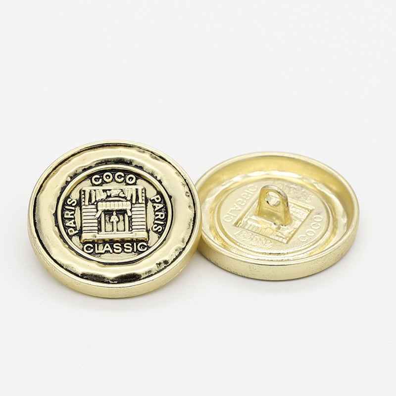 Light Gold metal shank button, frosted Paris “CLASSIC” front and back pin