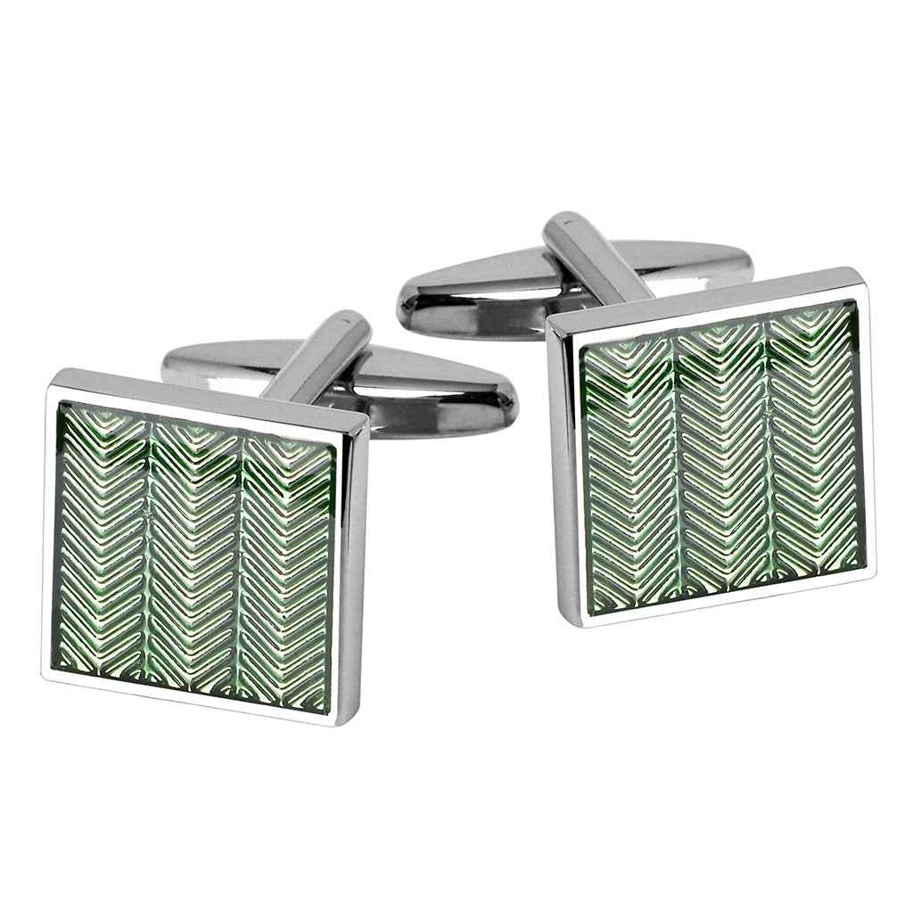 Light green square French cufflinks, textured pattern, silver frame