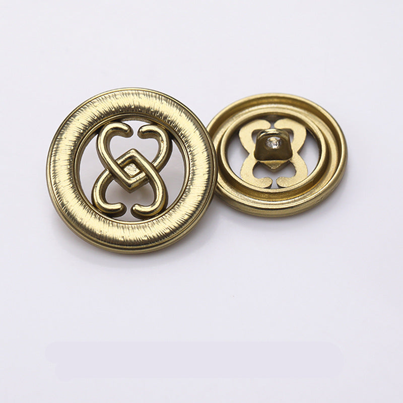 Bronze round double-heart hollow cutout metal shank button, front and back view