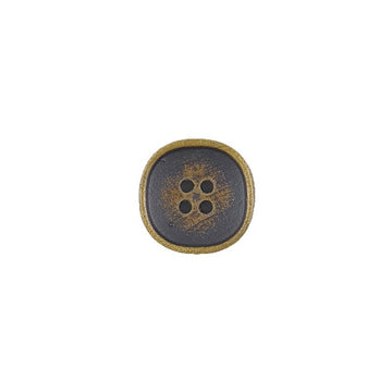 Dark wood four-hole button with brown rim, round concave face