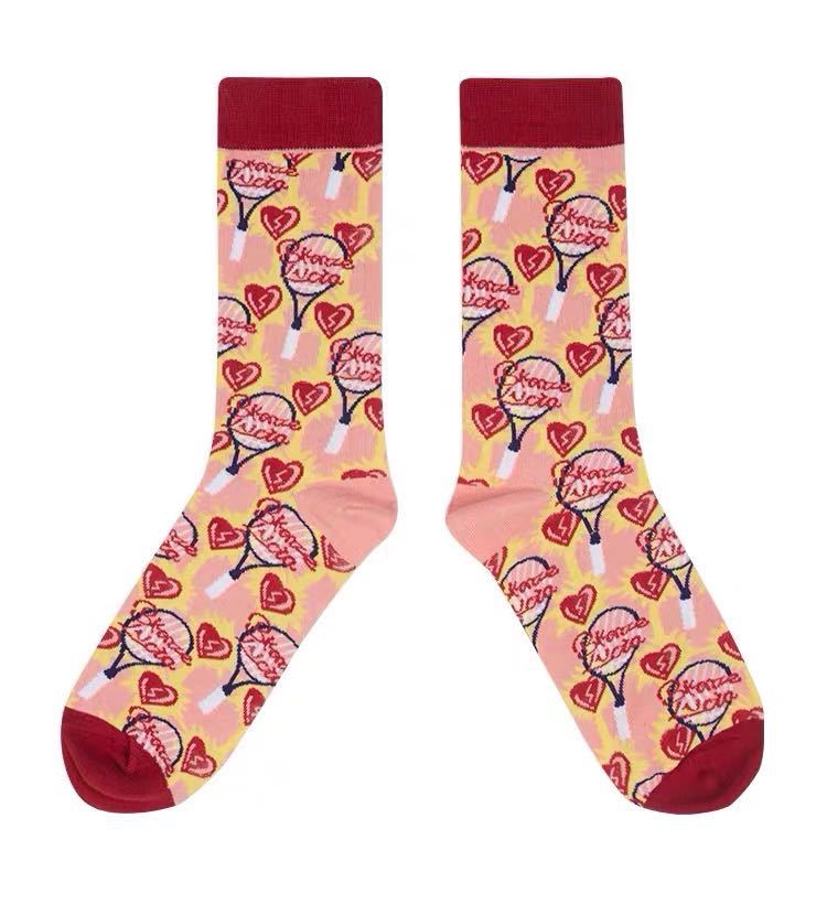 French Illustration Cartoon Cat Crew Socks Pink Kawaii Mid-High 6-Pack
