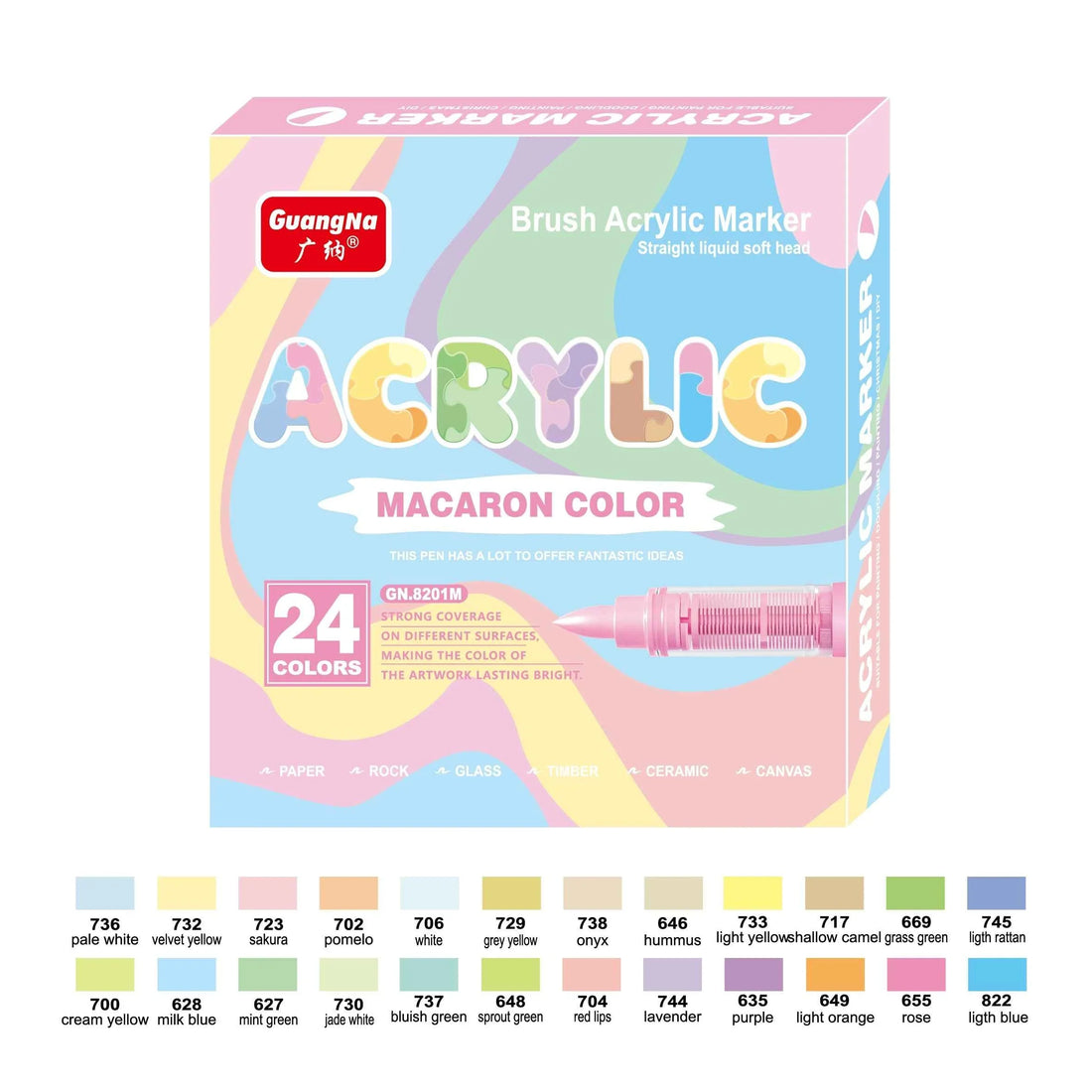Guangna Macaron Art Markers,24 Color Soft Brush Tip Acrylic Paint Pens