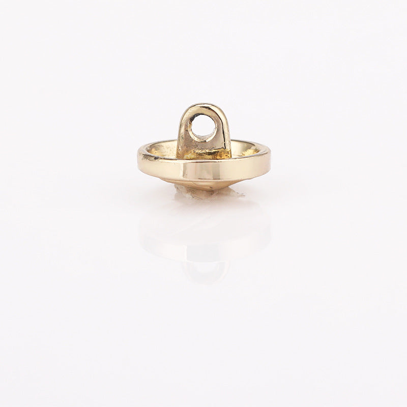 Light gold metal shank button, round view with central loop shank, 12mm