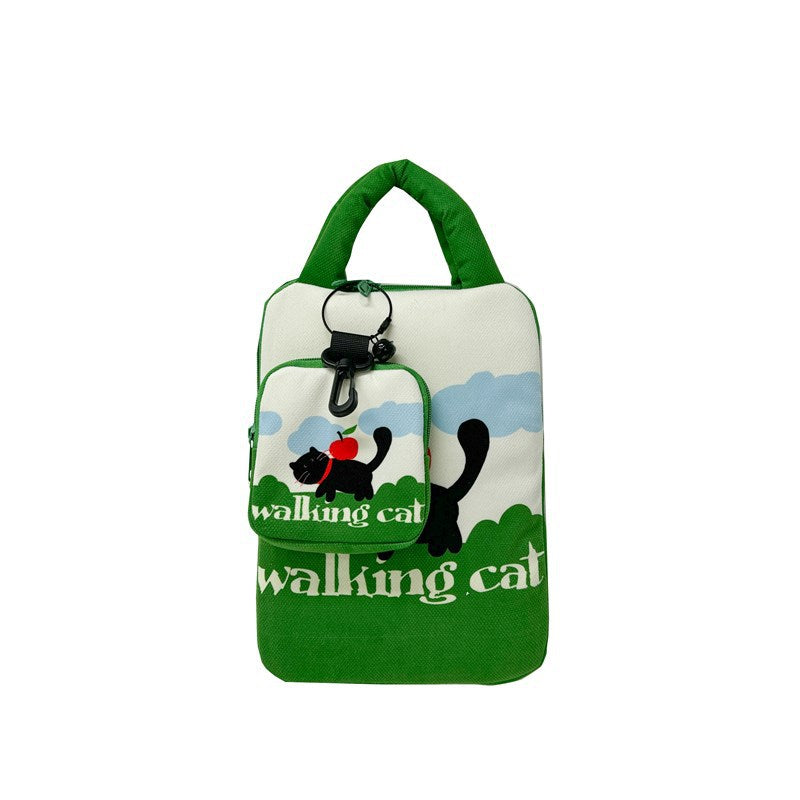 Green Walking Cat Laptop Sleeve 11-14 inch 2-Piece Set Small: 21×28×3cm