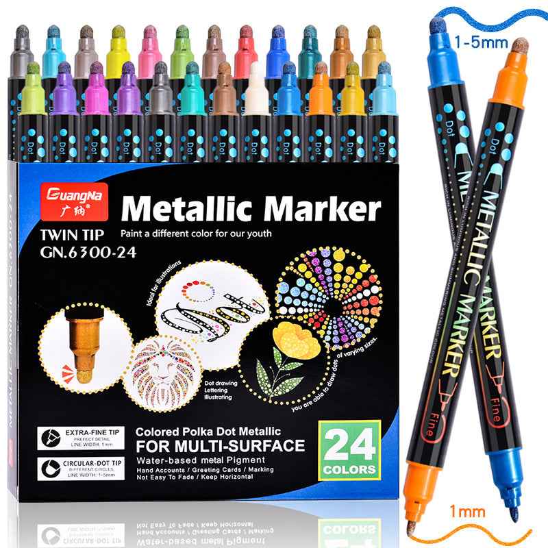 Guangna 24 Colors Metallic Paint Twin Marker Pens with Dot and Fine Tip