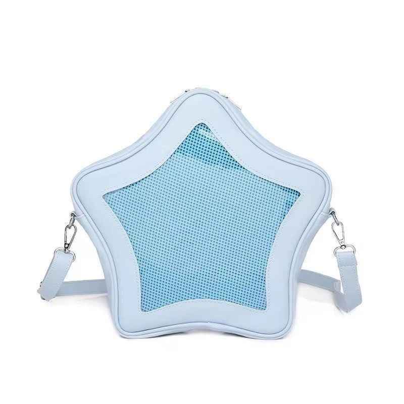 Star Shape Ita Bag Y2K Pins Display PU Leather Backpack Blue