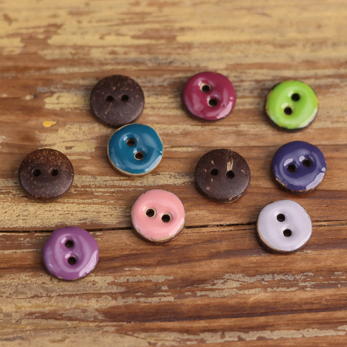 Coconut shell oil-drop round 2-hole buttons, dark browns, pinks, lime, blue and purple