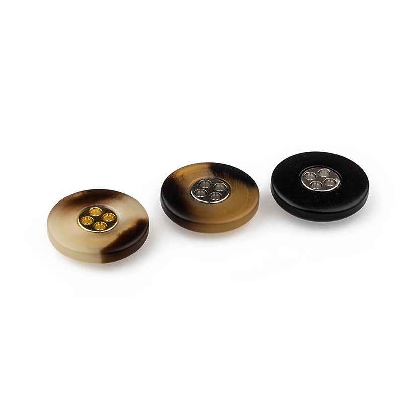 Round 4-hole resin-metal buttons in beige, coffee/brown and black (3 button faces)