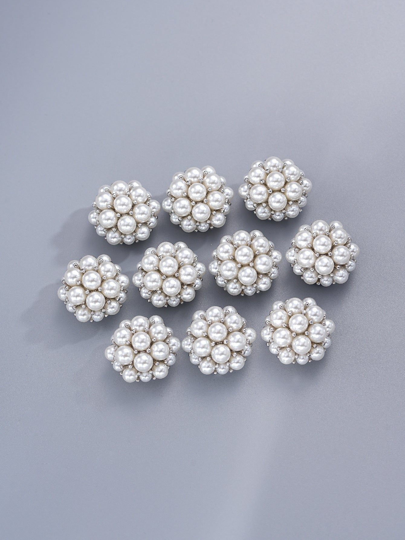 Silver pearl flower metal clamp decorative buttons with white bead clusters (set).