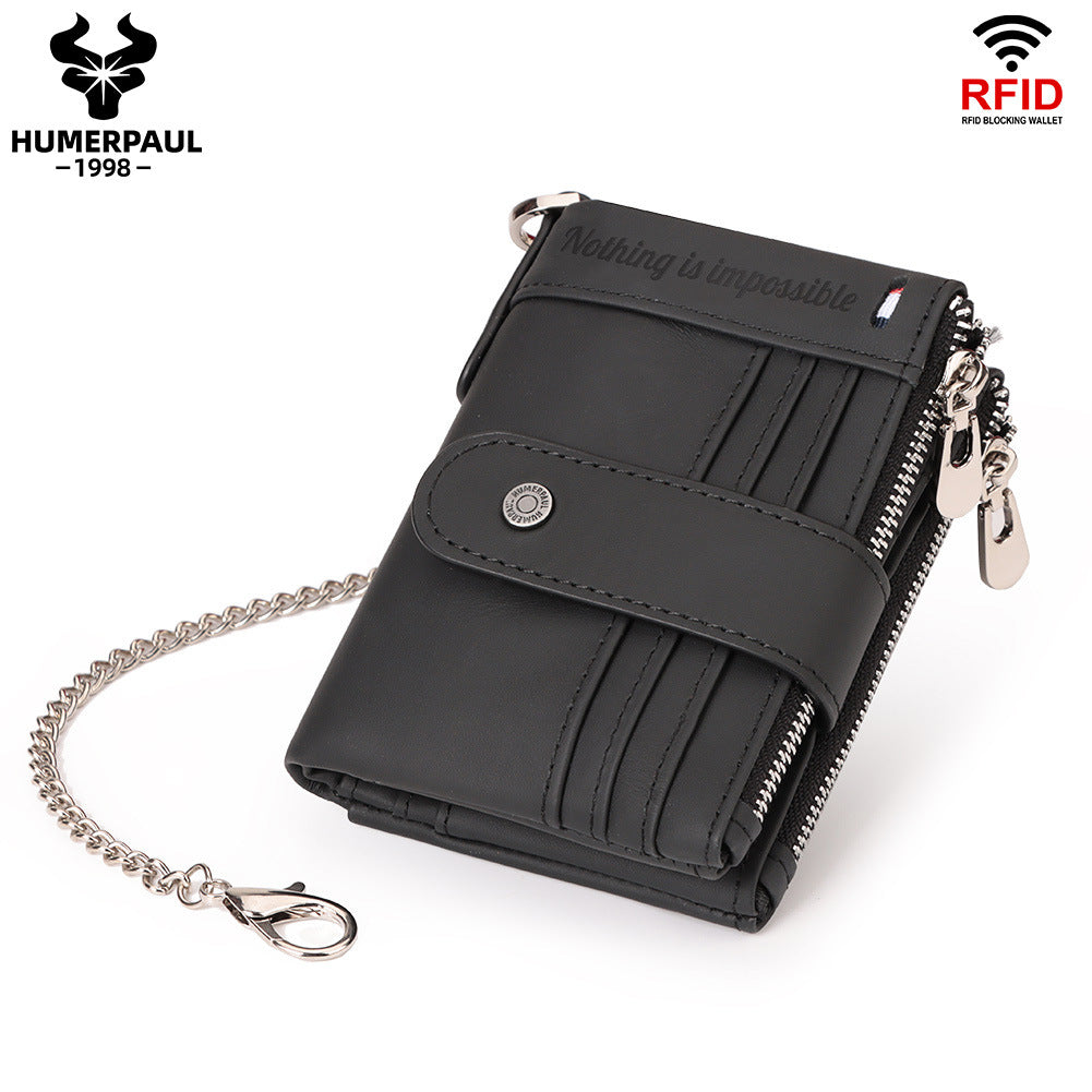 RFID Genuine Leather Card Holder Men's Wallet Double Zipper Black