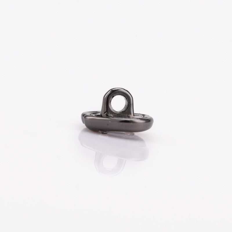 Gunmetal pig-nose shank button side view with a metal loop and mounting posts