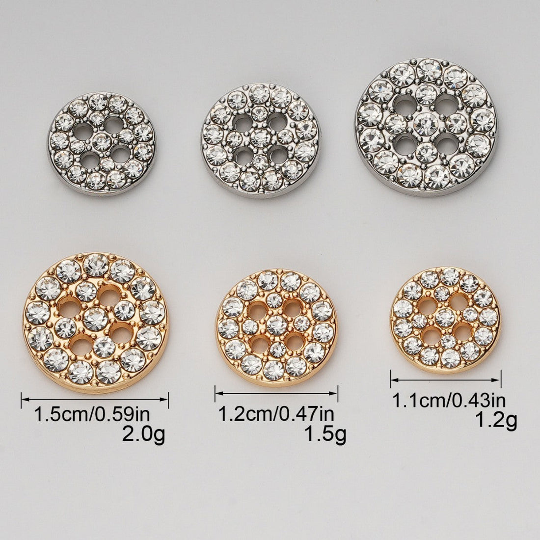 Silver round rhinestone 4-hole metal shirt button with bright crystal pattern