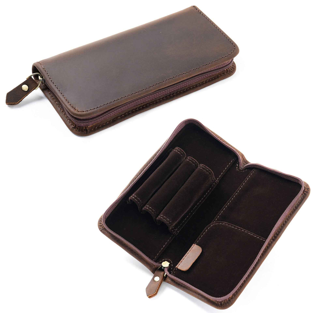 Crazy Horse Leather Fountain Pen Pouch Full-Grain Cowhide Zipper Case Black