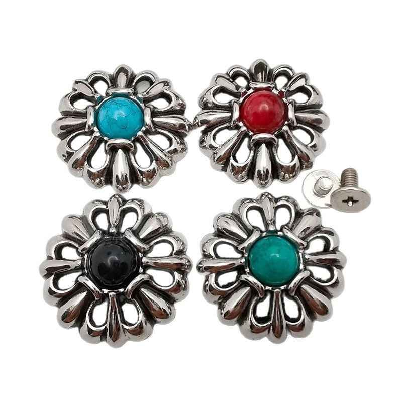 Blumen-Screw-Studs, türkisfarbener runder Stein, silberfarbener Metallkranz