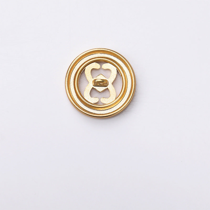 Gold round double-heart hollow cutout metal shank button, back view
