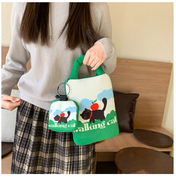 Green Walking Cat Laptop Sleeve 11-14 inch 2-Piece Set