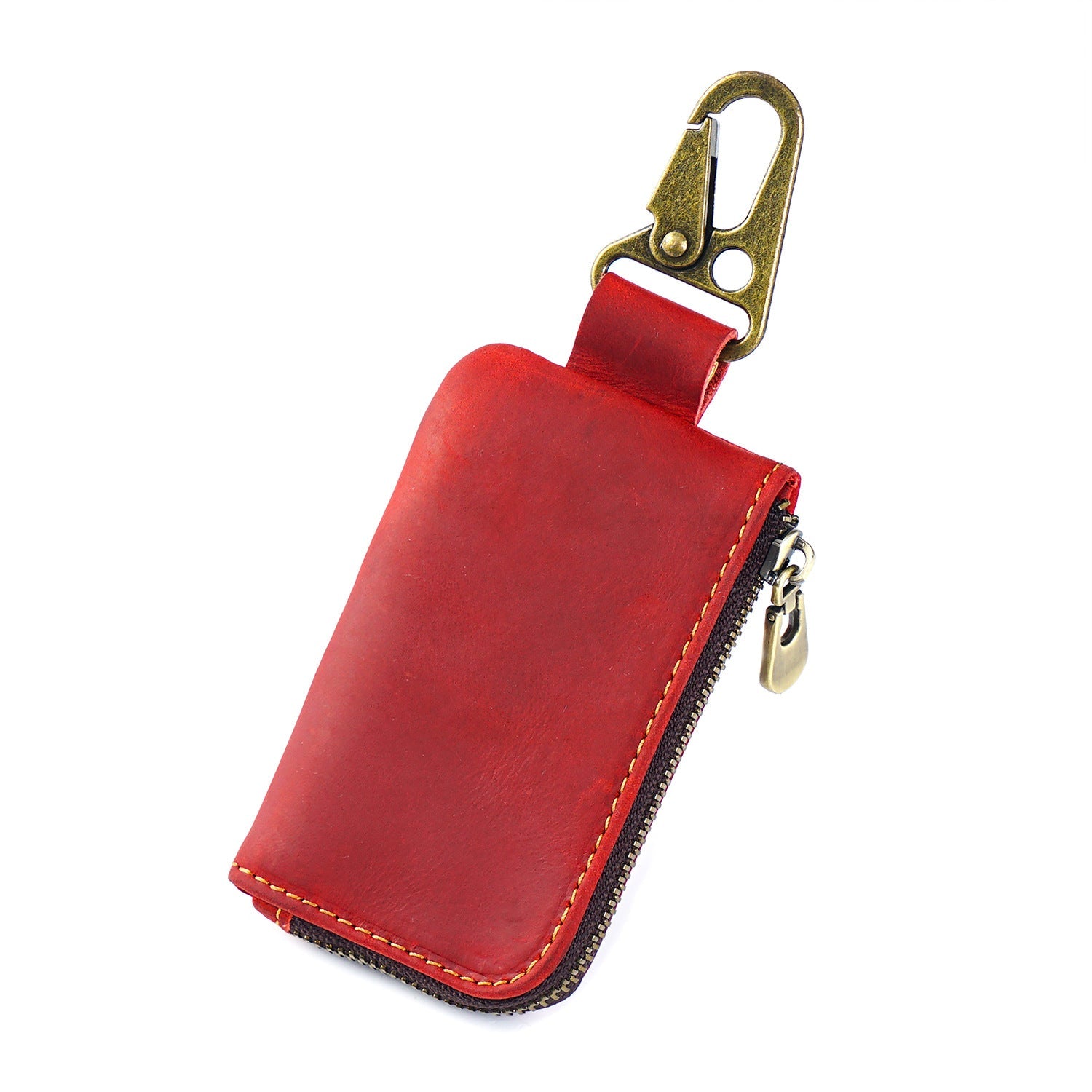 Leather Mini Coin Pouch with Keychain - Men's Belt Clip Zipper Pouch Red