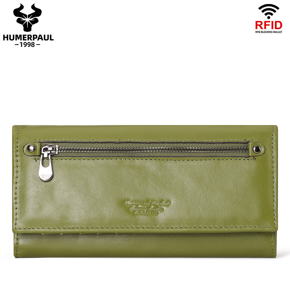 RFID Blocking Genuine Leather Long Clutch Wallet for Women Green