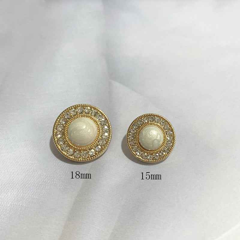 Gold-tone round buttons: 18 mm and 15 mm sizes, rhinestone border, beige center