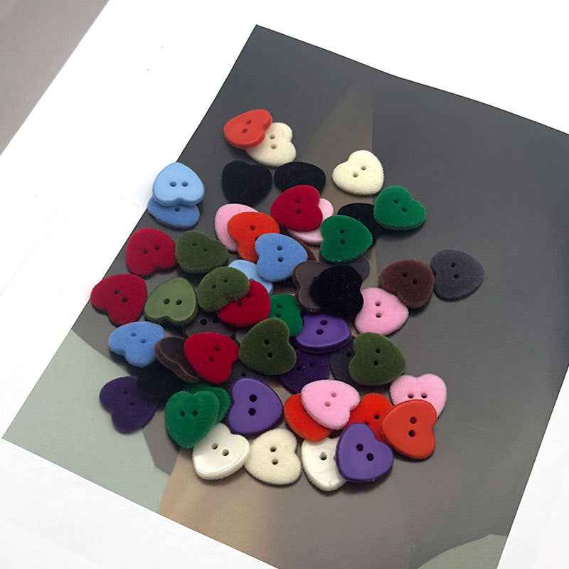 Heart-shaped 2-hole velvet resin buttons, multicolor set with 2 holes each