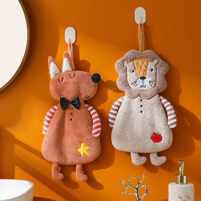 Cartoon Animal Hand Towels 4-Pack – Coral Fleece Hanging Bathroom Towels