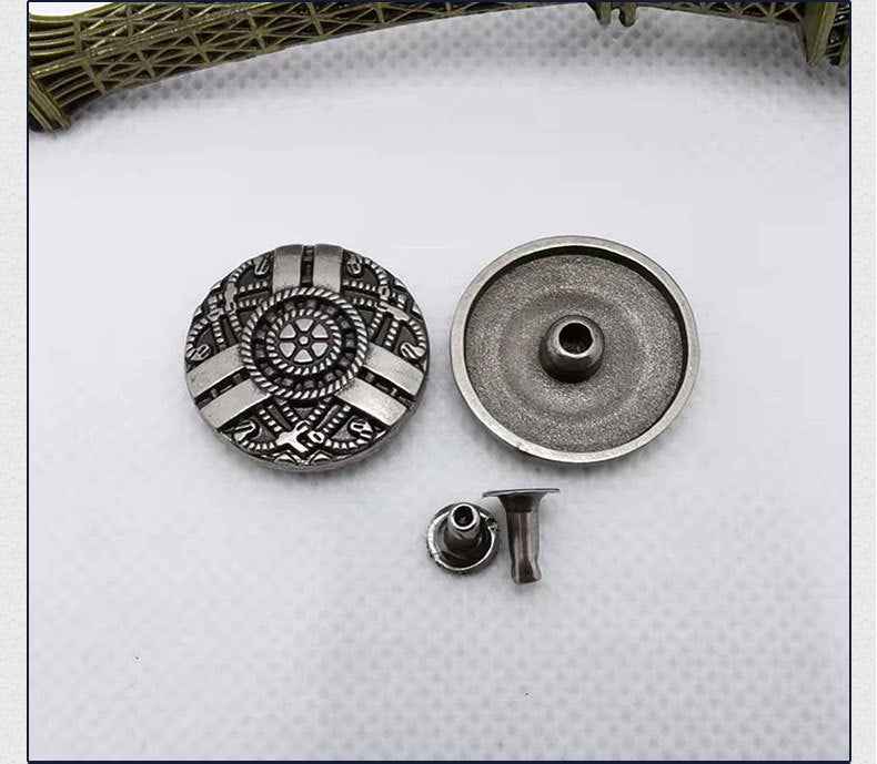 Antique silver-tone decorative rivet studs, floral and geometric motifs (6 shown)