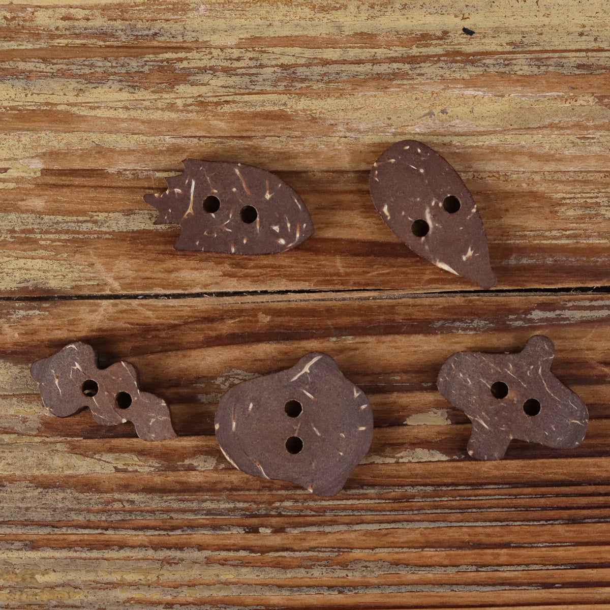 Dark coconut shell novelty buttons with two holes each in multiple whimsical shapes