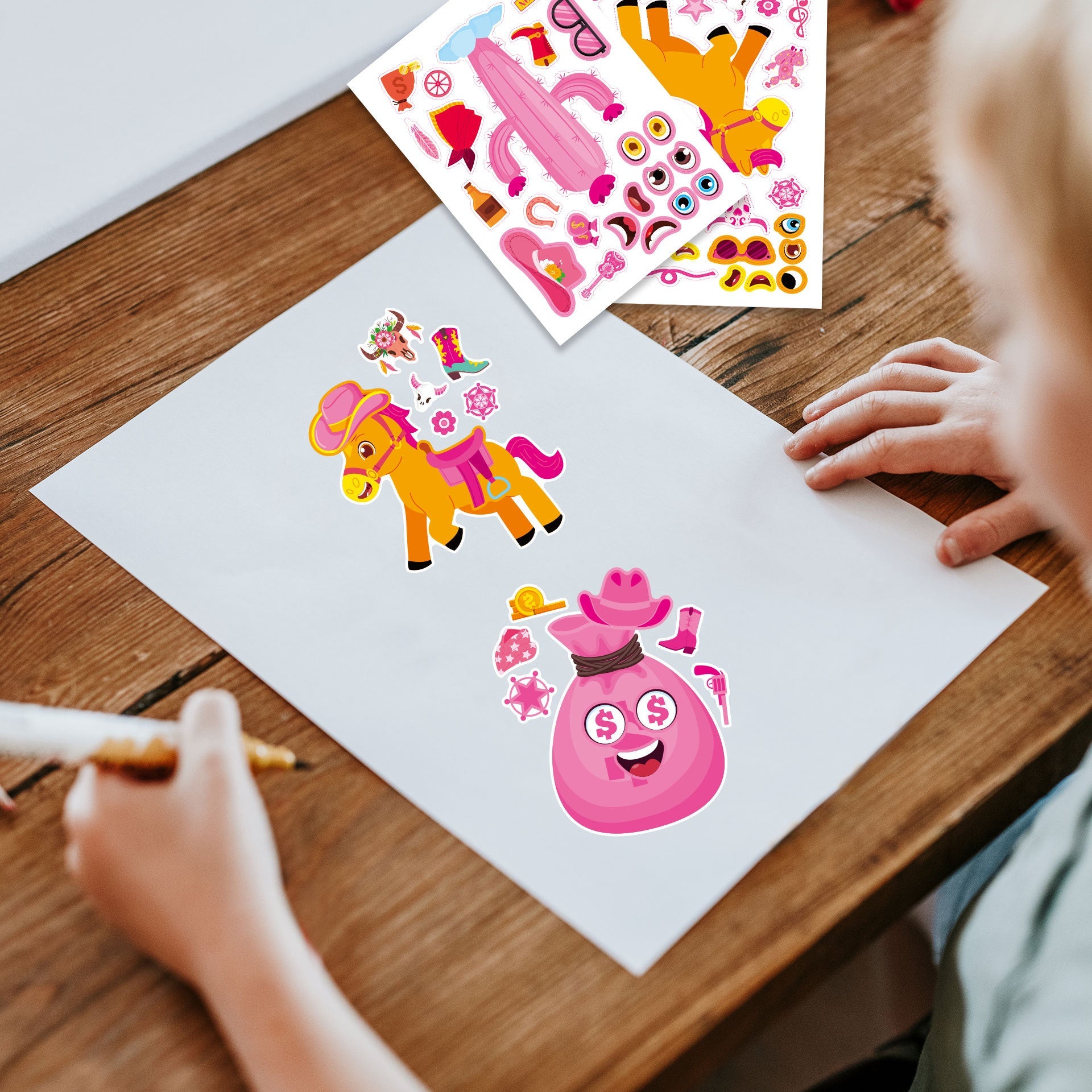 Make a Face Cartoon Pink Cowboy DIY Stickers for Kids 24 Sheets