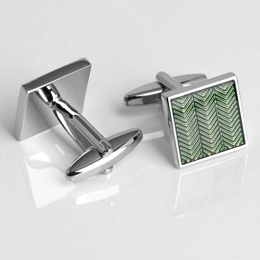 Light green square French cufflinks, textured pattern, silver frame