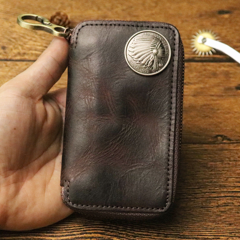 Genuine Vegetable Tanned Leather Key Pouch for Men Coffee