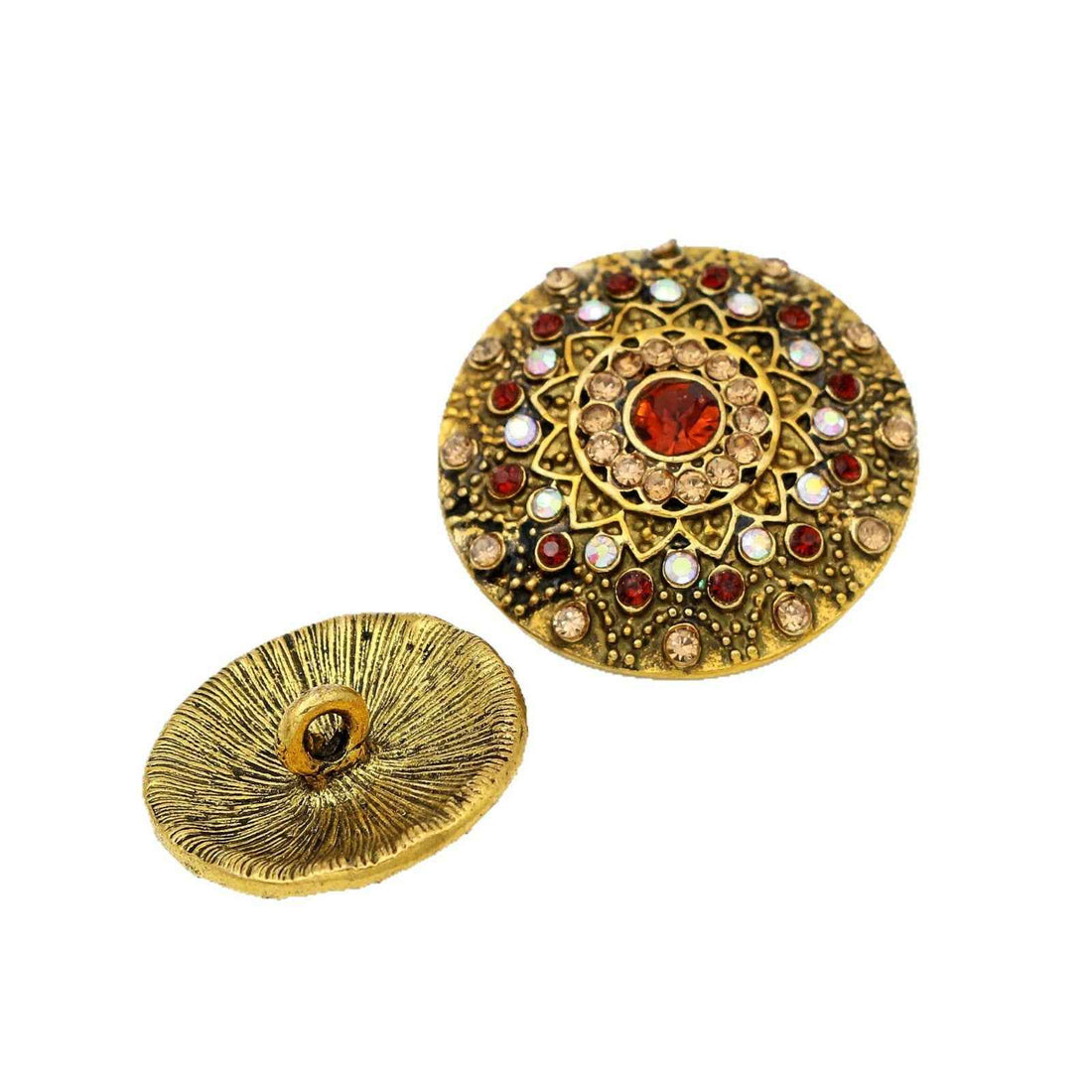 34mm vintage gold round rhinestone button with red/clear stones and ornate metal shank