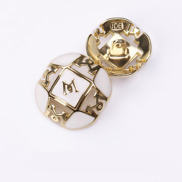 Letter M button set, white & black enamel, gold metal 2-hole shank