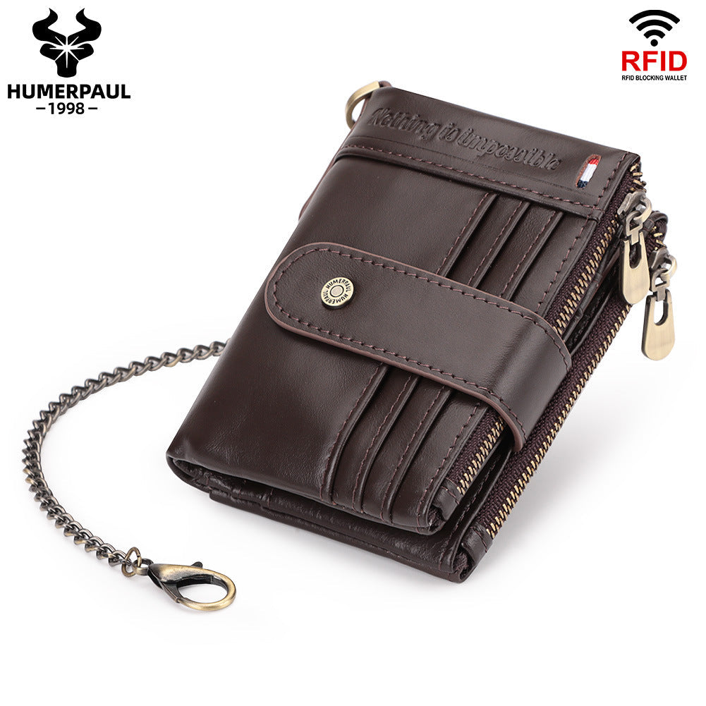 RFID Genuine Leather Card Holder Men's Wallet Double Zipper Black