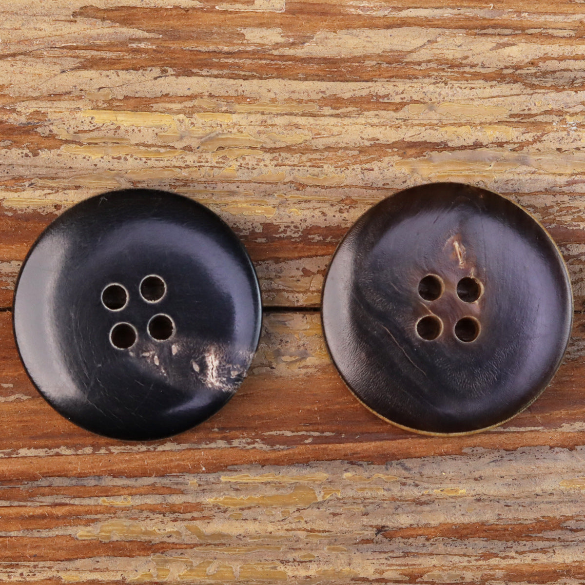 Round 4-hole coat buttons, dark oval sheen with tan rims