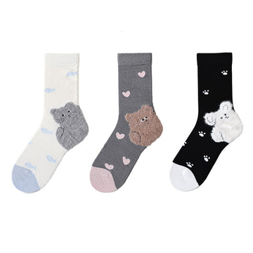 Cartoon Cat Cotton Crew Socks | Women's Mid-Calf Autumn Winter Socks | 3-Pack (Grey/Black/White)