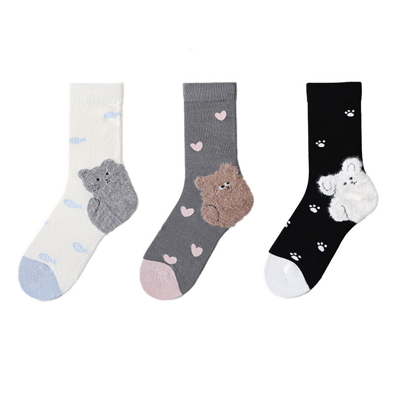 Cartoon Cat Cotton Crew Socks | Women's Mid-Calf Autumn Winter Socks | 3-Pack (Grey/Black/White)