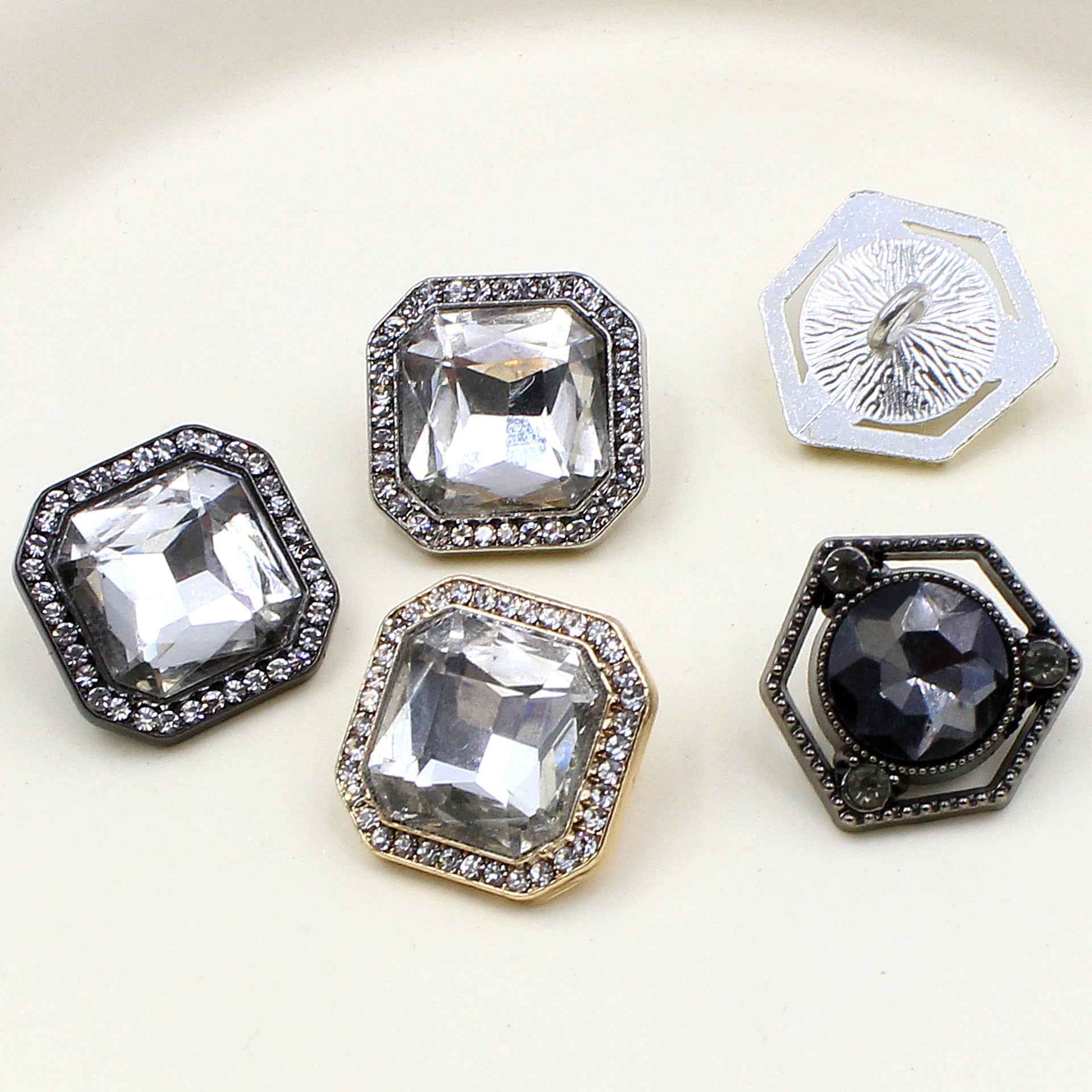 17mm square hexagon crystal buttons with clear and dark stones; rhinestone and gem frames