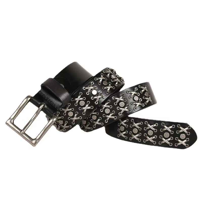 Black punk belt with X-shaped metal rivets and alloy chain-style stud accents.