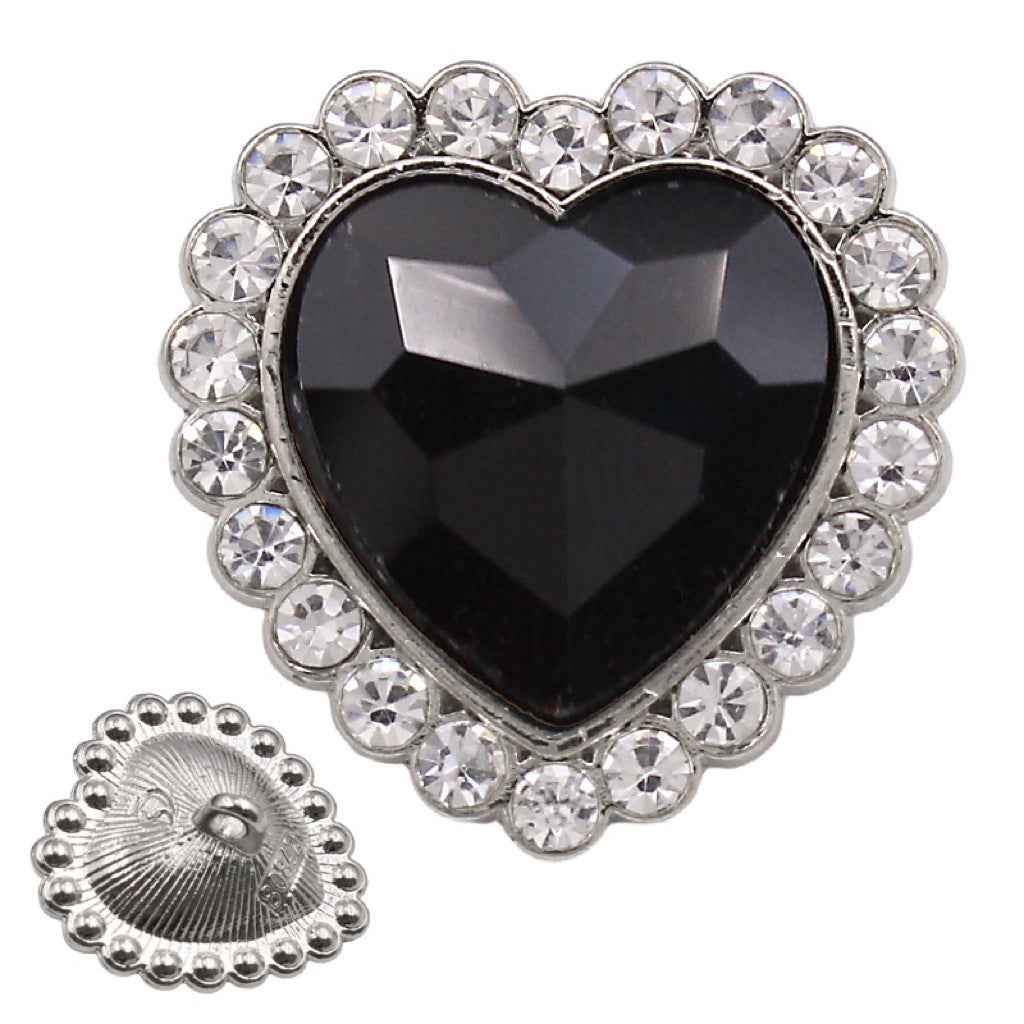 Heart-shaped rhinestone sewing button, black crystal center with silver-toned rim