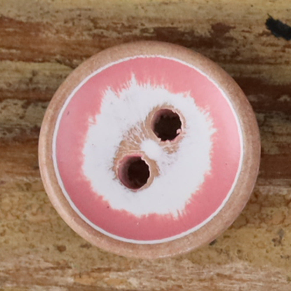 Round iridescent wood button, pink iridescent finish, two holes