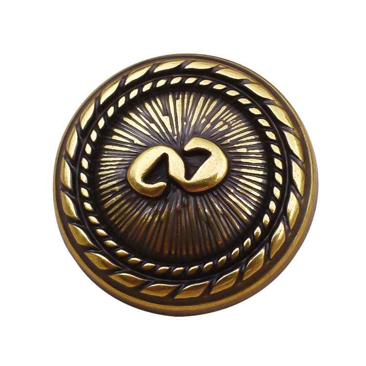Gold S monogram metal shank button close-up with braided border, 15/18/23mm
