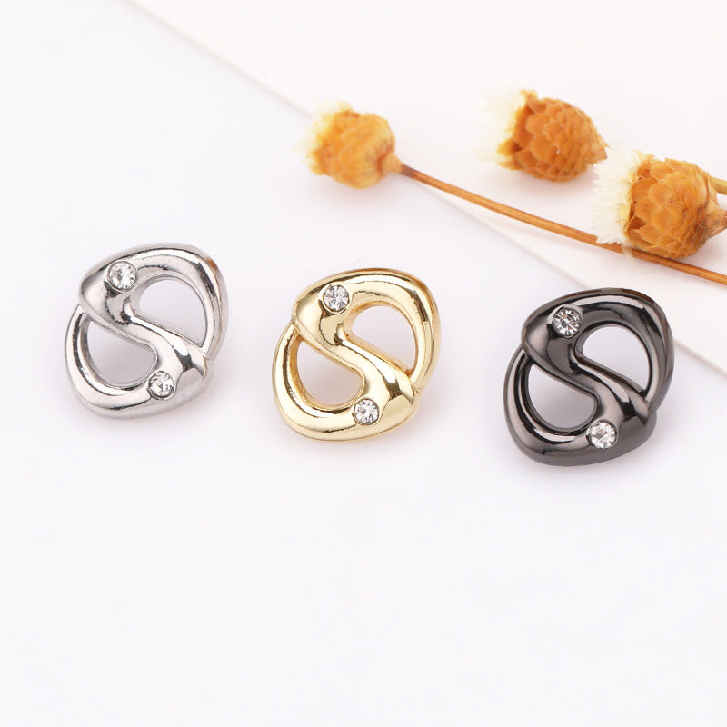 Pig-nose rhinestone shank buttons in silver, gold, and gunmetal—3 front buttons