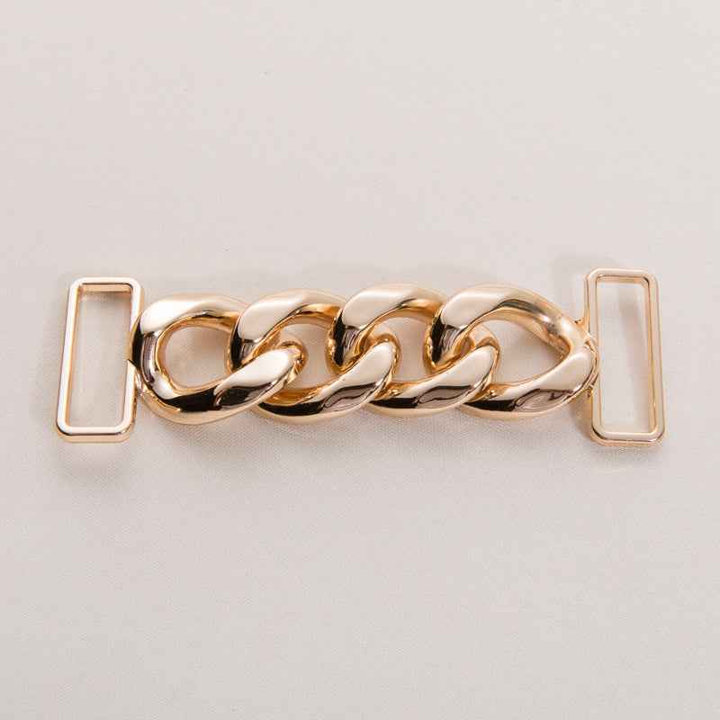 Decorative chain buckle, silver tone; two rectangular prongs with interlocking link chain, 95mm