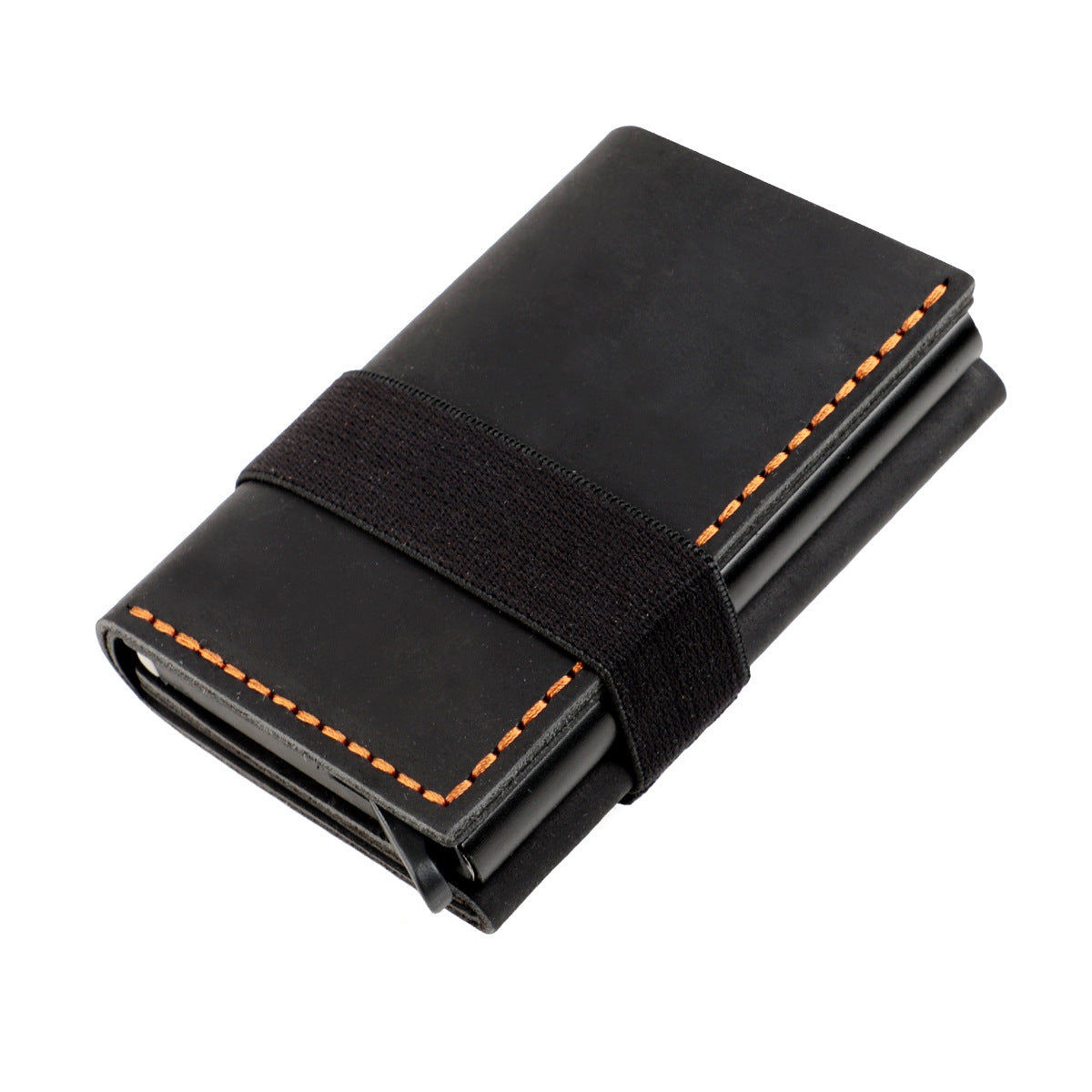 Leather RFID Blocking Card Holder Wallet Pop-Up Aluminum Case Black