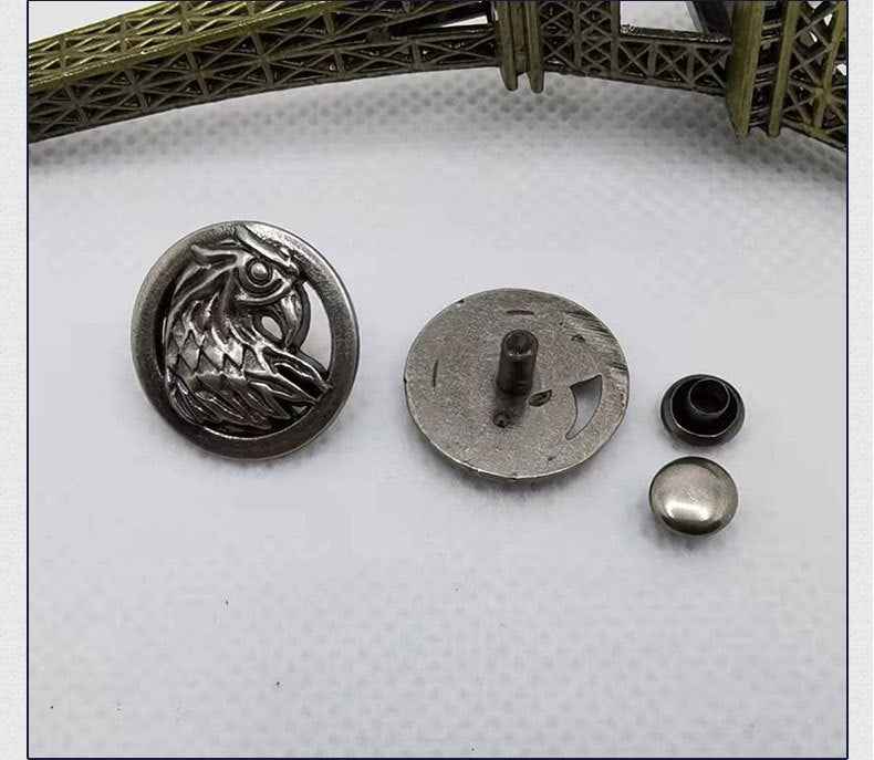 Eagle rivet components: front face, back plate, and center post