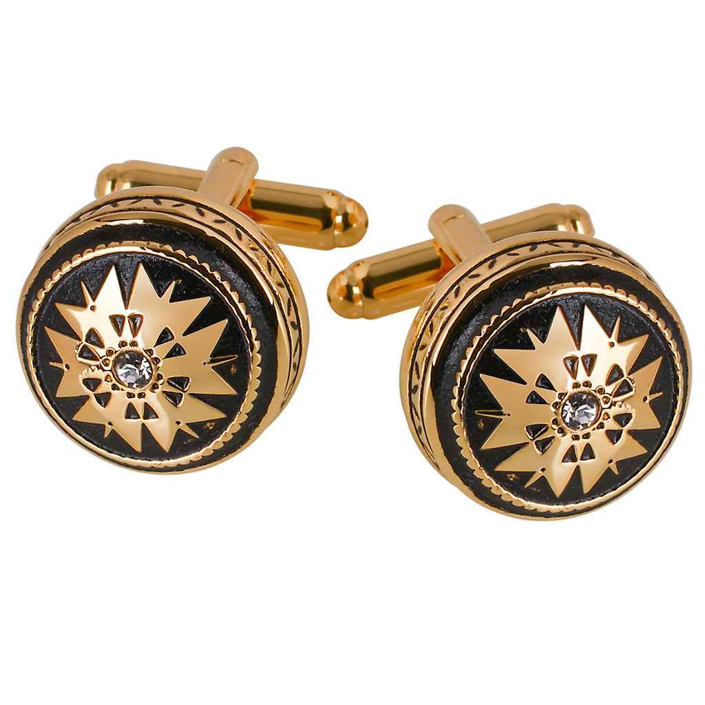 Gold-tone black enamel crystal cufflinks with starburst design
