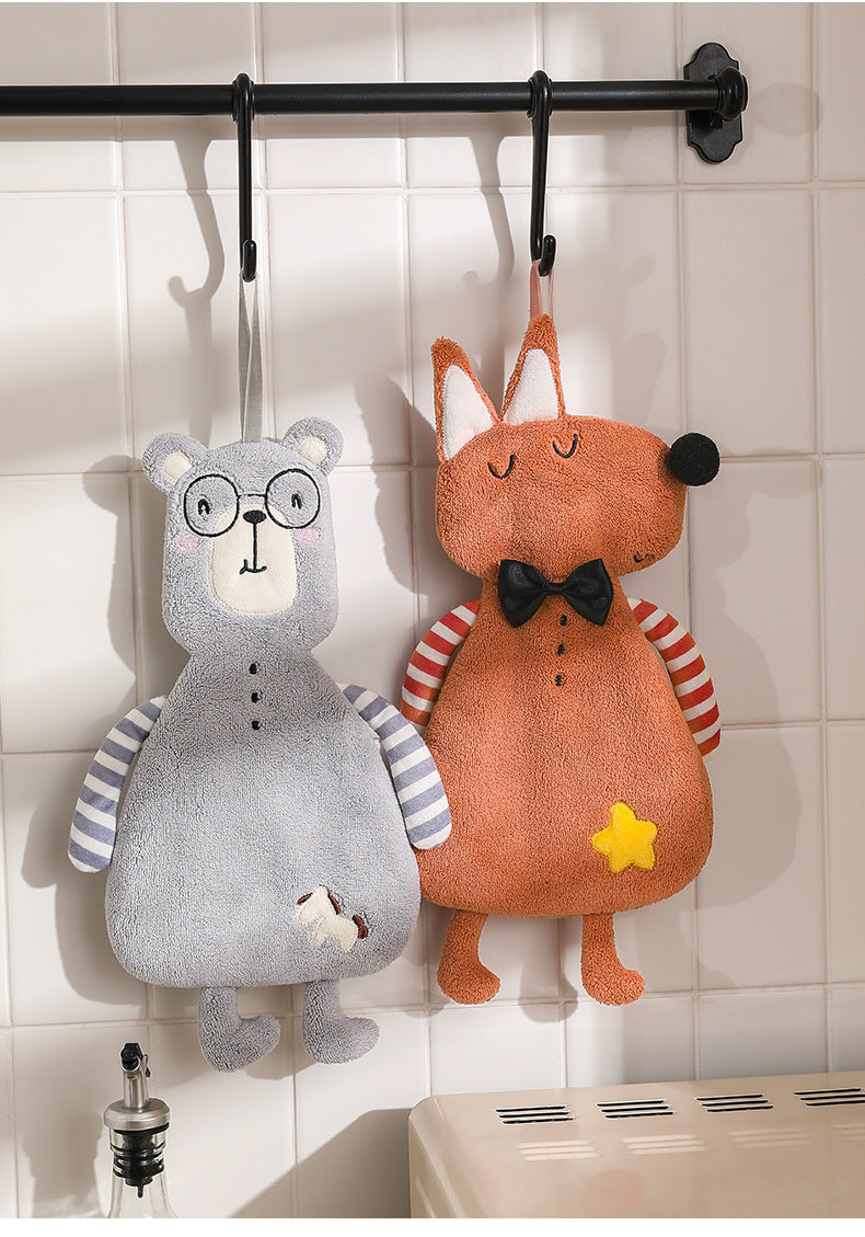 Cartoon Animal Hand Towels 4-Pack – Coral Fleece Hanging Bathroom Towels